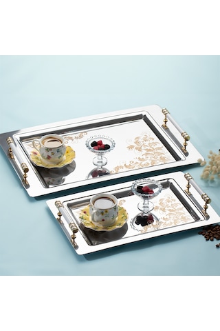 Porsima Yüzük 2li Paslanmaz Çelik Gümüş Kahve Sunum Tepsisi