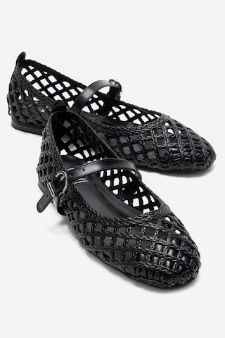 Luvishoes Doux Siyah Örgü Dokulu Bant Detaylı Kadın Babet Ayakkabı Siyah