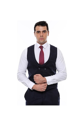 Wessi Kruvaze Kareli Desenli Yakalı Lacivert Erkek Yelek 001