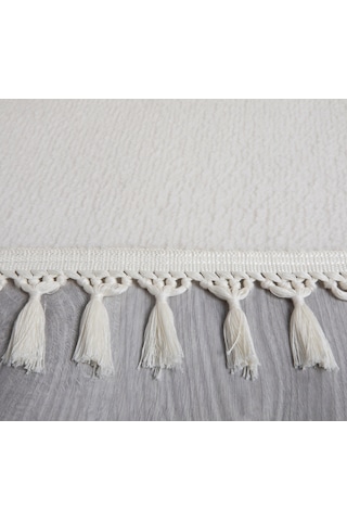 Simirna Ponpon Saçaklı Peluş Yıkanabilir Kaymaz Banyo Paspası 2'li Klozet Takımı Krem Krem