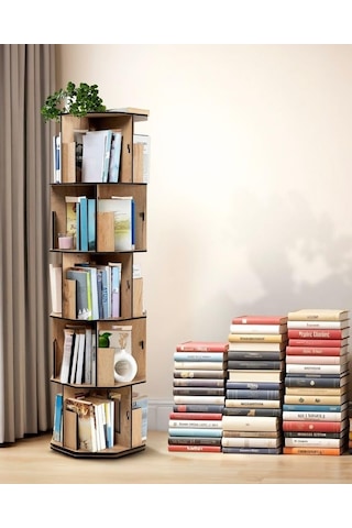 Vigo Wood 360 Döner Kitaplık Modern Ve Dekoratif Çok Katmanlı Ahşap Kitap Ve Dergi Rafı Meşe, 5 Raflı Abanoz - Beyaz