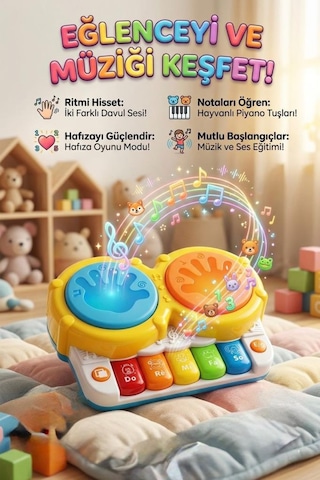 Piyanolu İkili Kaya Davul Işıklı Sesli Müzikli Masal Anlatan Şarkı Çalan Eğitici Oyuncak Enstrüman