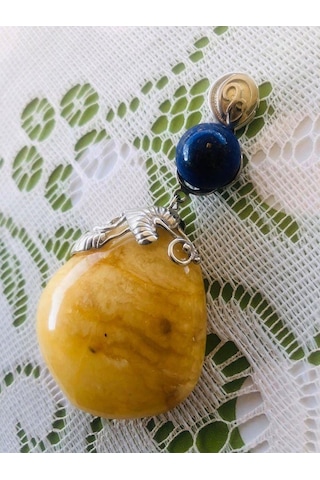 Doğal Kaya Damla Kehribar Lapis Lazuli Taşlı Kolye Ucu 23,34 Gram