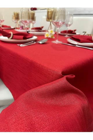 Polyester Keten Simli Masa Örtüsü Kırmızı