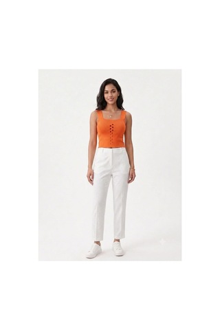 Onno Style Women Kolsuz Askılı Delikli Triko Kadın Bluz Turuncu