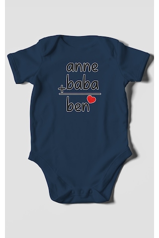 Anne Baba Ve Ben Baskılı Bebek Zıbını Çıtçıtlı Body %100 Pamuk Kısa Kol Lacivert