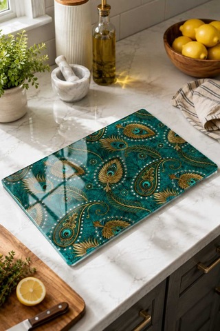 Gökçeoğlu Cam Kesme Tahtası Tavus Kuşu Temalı - Cam Kesme Tablası 20cm X 30cm Çok Renkli