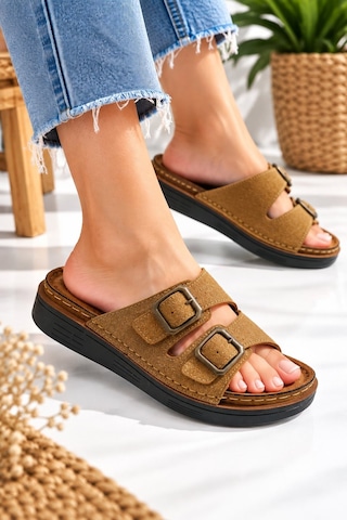 Modafocus Çift Tokalı Ortopedik Kadın Terlik - Camel - Camel Camel