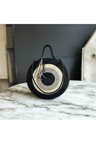 Hasır Çanta, Silindir Çanta, Tasarım Çanta, Silindir Siyah Nazar El Çantası Siyah - Gri - Bej