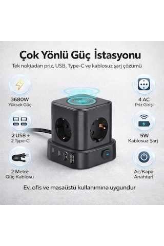 4'lü Priz Küp Çoklayıcı 2 Usb 2 Type-c 5w Kablosuz Şarjlı 2 Metre Kablolu Akım Korumalı Priz 1 - 3 M
