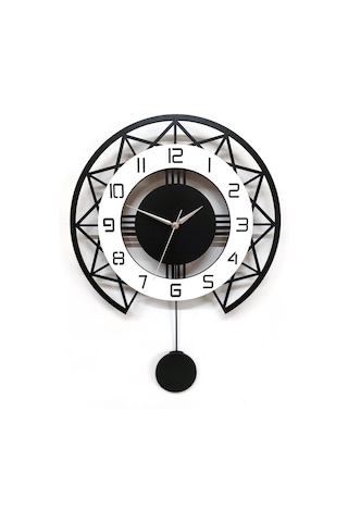 Cajuart Siyah Beyaz Stil Tasarım 40 Cm Ahşap Sarkaçlı Duvar Saati