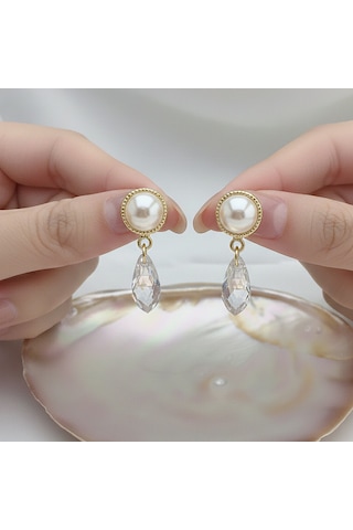 Vaoov 14k Altın Kaplama Kristal Taşlı İnci Küpe Gold