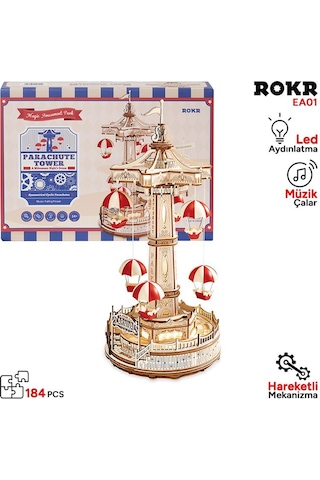 Rokr Ea01 Müzik Kutusu Parachute Tower Music Box Dıy 3d Wooden Puzzle Maket Model Seti 3d Model Kit Detaylı Dekoratif Hobi Seti Ahşap Maket Hareketli Ve Işıklı