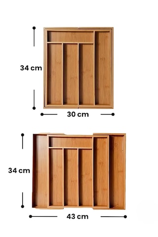 Bambu Ayarlanabilir Çekmece İçi Kaşıklık Ölçü Ayarlı 5-7 Bölmeli Doğal Organizer 30x34 Cm / 43x34 Cm Bambu
