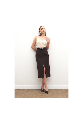 Sateen Anna Yırtmaçlı Etek - Kahve-137171 Kahve