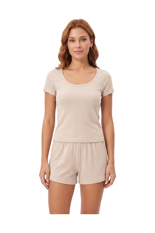 Cottonill Premium - Neat Collection Bej Rib Dokulu Yuvarlak Yaka Modal Viskon Şortlu Kadın Pijama Takımı
