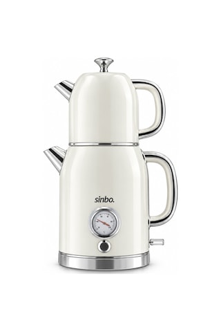 Çapa Makinesi Krem Elektrikli Cam Demlikli Plastik Retro Çay Seti Çaycı Derece Göstergeli 1600w 1.8lt - 1lt Stm-5849