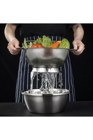 Rocco Gümüş Paslanmaz Çelik Kevgir Karıştırma Kasesi Salata Makarna Sebze Meyve Süzgeç 28,5 Cm Çelik