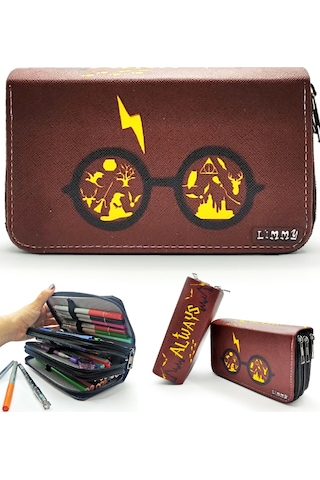 Kalem Kutusu Harry Potter Temalı Organizer Kalemkutu Vegan Deri Üç Bölmeli Kalemlik-Siyah