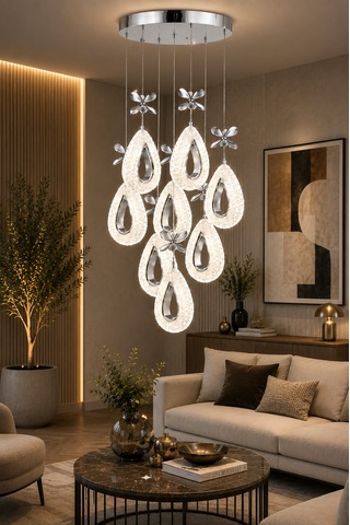 Yagmur 8li Gold Avize 3 Renk Led Isıklı Kumandalı Salon Avize Oturma Odası Avize Gümüş - Krom