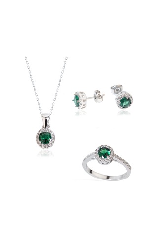 925 Ayar Gümüş Yeşil Tek Taşlı Set