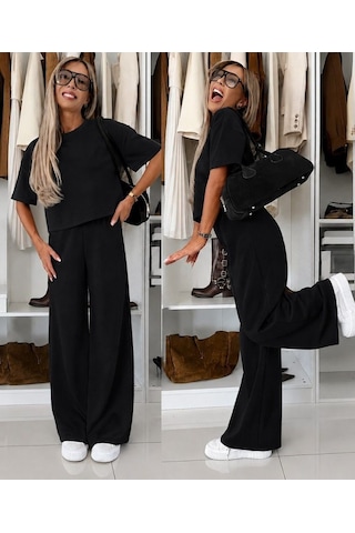 Butik İstanbul Kadın Kısa Kollu Bisiklet Yakalı Modal Bluz Ve Pantolon Ikili Takım Siyah