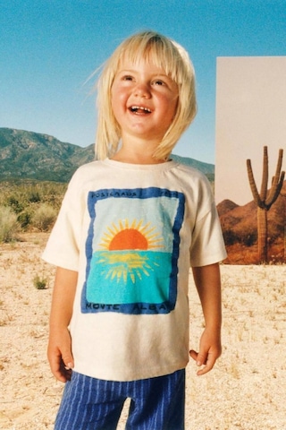 Lolliboomkids Unisex Çocuk Sunrise Postcard Summer Baskılı Krem Tişört Ve Mavi Çizgili Pantolon Takım Ekru Mavi Ekru - Mavi