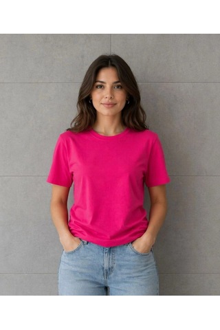 Freedom Store Kadın Basic Pamuklu Tişört Bisiklet Yaka Düz Renk Relaxed Fit T-shirt - Fuşya