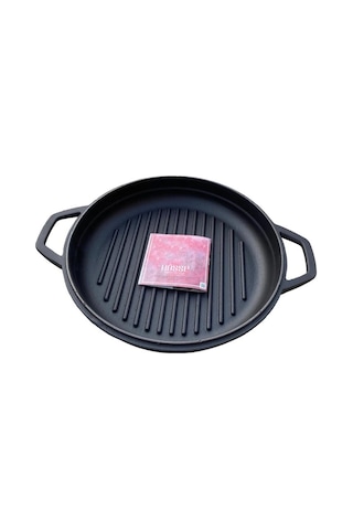 Hosse 28 Cm Yuvarlak Demir Döküm Grill Tava Çift Kulplu Siyah Siyah