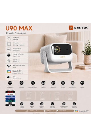 Byintek U90 Max 700 Ansı Bataryalı Taşınabilir Full Hd Projeksiyon Cihazı Android Google Tv Lisanslı Wi-fi