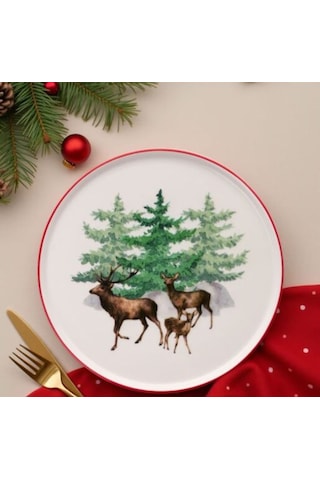 Yılbaşı Pasta Tabağı Deer 21 Cm 6 Lı Set Bej