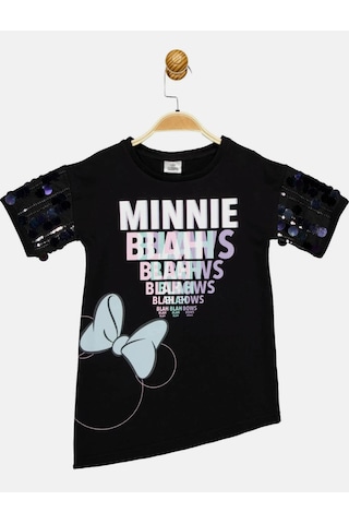 Minnie Mouse Lisanslı Siyah Pullu Kol Şık Elbise Mn17666 Siyah