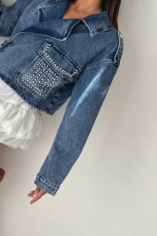 Lacarino 7660 Taşlı Kadın Jean Ceket Dark Blue Taşlı