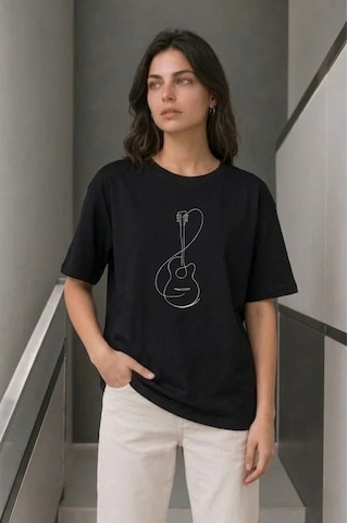 Valensdesign Minimal Gitar Baskılı Tişört T-shirt Yazlık Kısa Kol Bisiklet Yaka T-shirt - Siyah
