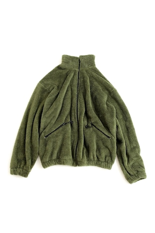 Haki Peluş Dik Yaka Cepleri Fermuarlı Oversize Peluş Ceket Haki