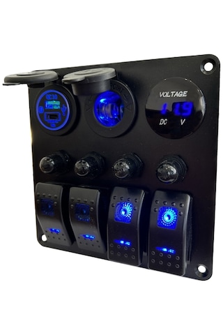 12v 4 Düğmeli Sigortalı Usb Voltmetreli Elektrik Kontrol Paneli Siyah