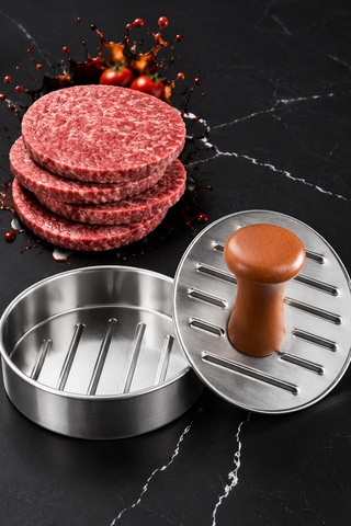 Hamburger Köfte Presi - Hamburger Press - Köfte Şekillendirici - Ahşap Saplı - Profesyonel Paslanmaz Çelik Krom