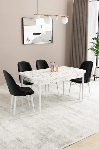 Familieconcept Almira Serisi, Beyaz Mermer Desen 80x132 Açılabilir Mdf Mutfak Masası Takımı 4 Adet Sandalye Siyah
