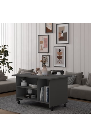 Asra Trend Orta Sehpa OS001 %100 MDF Tekerlekli İki Katlı Geniş Raf Takımı Antrasit