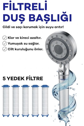 Yüksek Basınçlı Arıtmalı Masajlı 5 Fonksiyonlu Duş Başlığı 5 Adet Yedek Filtre Kireç Önleyici Tazyikli Su Tasarruflu Masajlı Banyo Başlık Seti Beyaz - Krom