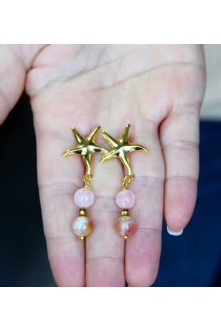 Yıldız Model Altın Kaplama Sitrin Pembe Kuvars Doğal Taşlı Küpe Kadın Sallantılı Küpe Euku36sp Sarı