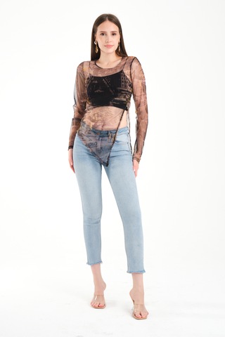 Yırtmaç Detaylı Tül Bluz Yeşil