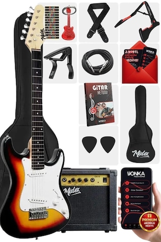 Midex Ceg-36sb 8-12 Yaş Çocuklar İçin Amfili Full 3/4 36 İnç Elektro Gitar Seti Sunburs