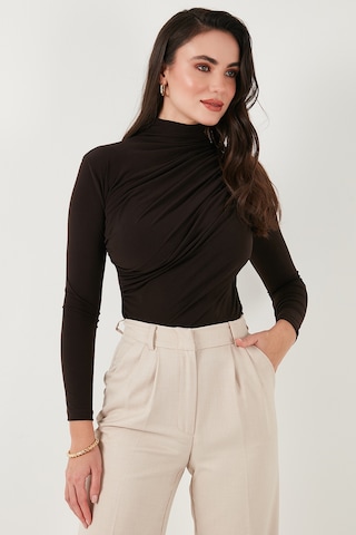 Lela Streç Büzgü Detaylı Slim Fit Dik Yaka Bayan Bluz 669925 Kahve