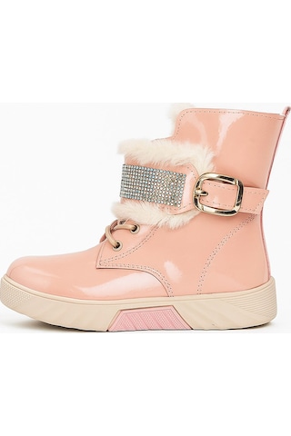Günlük Kız Çocuk Rugan Bot Fermuarlı Lastik Bağcıklı Kürk Ve Taş Detaylı Kaymaz Taban Bootie 391 Pudra-rugan