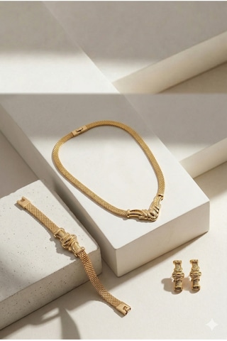 Altın Kaplama Hasır Choker Kolye Geniş Mesh Şık Kadın Gerdanlık Bileklik Küpe 3'lü Takı Seti Özel Gün