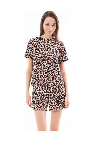 Premium Yazlık Şortlu Kadın Pijama Takımı Leopar Desenli Yumuşak Dokulu Bisiklet Yaka Kısa Kollu LEOPAR