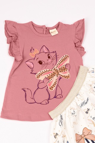 Kız Çocuk Takım Etekli Kedi Baskılı Kol Detaylı A66 Pudra