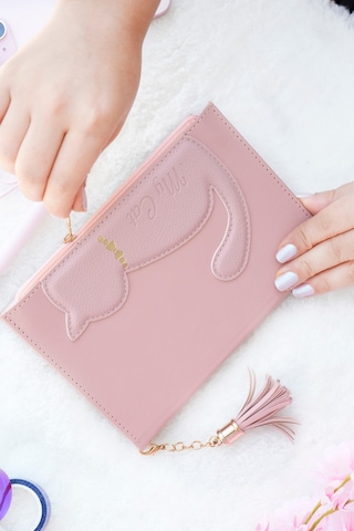 Vj Kedili Geçmeli Vegan Kapaklı Defter 13x18 Cm. 100 Gr. 160 Say. Cepli Fermuarlı Pembe Çok Renkli