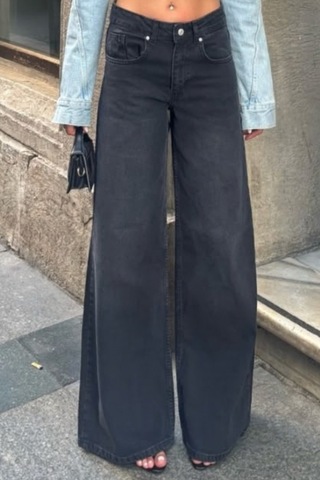 Balenbi Kadın Yüksek Bel Yıkamalı Jean Salaş Kesim Extra Wide Leg Kot Pantolon 1243 Füme W13